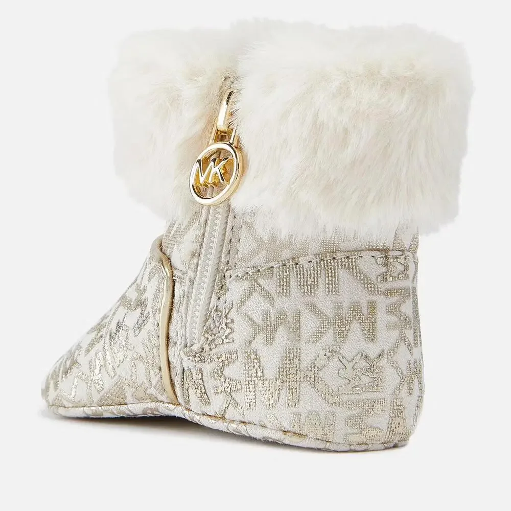 Michael Kors Leydon Boots Babies 1 Cream Gold Logo Print Faux Fur Zipper ZPO3547